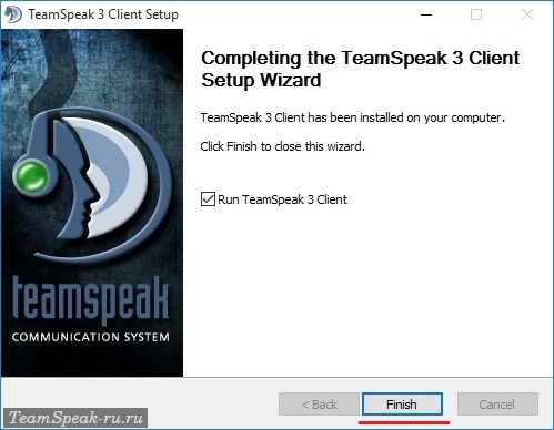 Установка TeamSpeak 3 Client завершена Установка TeamSpeak 3 Client завершена