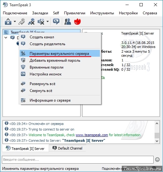 Параметры виртуального сервера TeamSpeak 3 Параметры виртуального сервера TeamSpeak 3